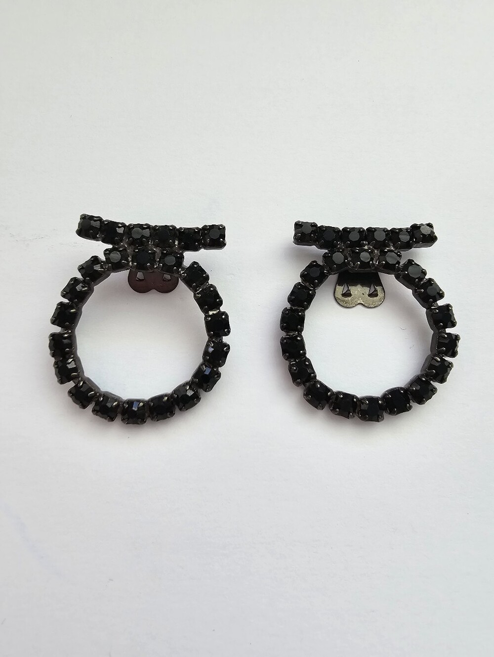 Vintage Mid-Century Jet Black Rhinestone Hoop Shoe Clips